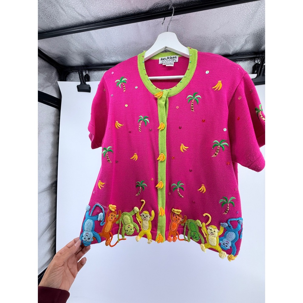 Jack B Quick Vintage Monkey Palm Tree Pink Cardigan Sweater Short Sleeve Large